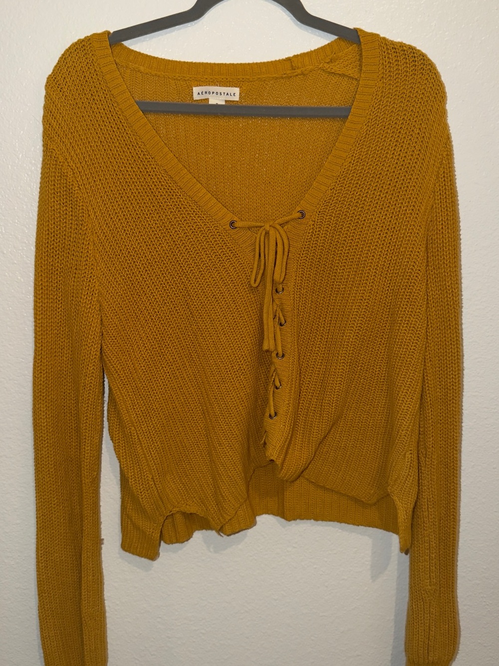 Aeropostale Mustard Yellow Lace-Up Knit Scoop Neck Sweater